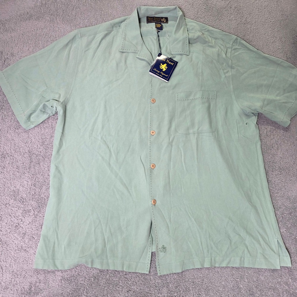 Nat Nast Mens L Button Down Shirt Sage Green 100% Silk Pick Stitch Camp Luxury